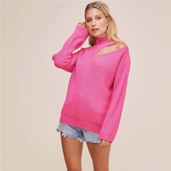 ASTR The Label Womens Cut Out Pullover Ribbed Sweater XS Hot Pink Long Sleeve - Picture 1 of 6